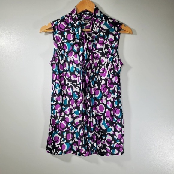 Nine West Satin Tie Neck Sleeveless Blouse Purple Blue Size Small - Picture 10 of 10